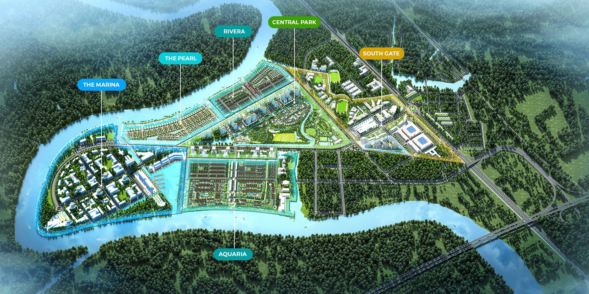 Mặt bằng tổng thể khu đô thị Waterpoint bao gồm 6 phân khu: South Gate, Central Park, Rivera, The Pearl, Aquaria, The Marina.
